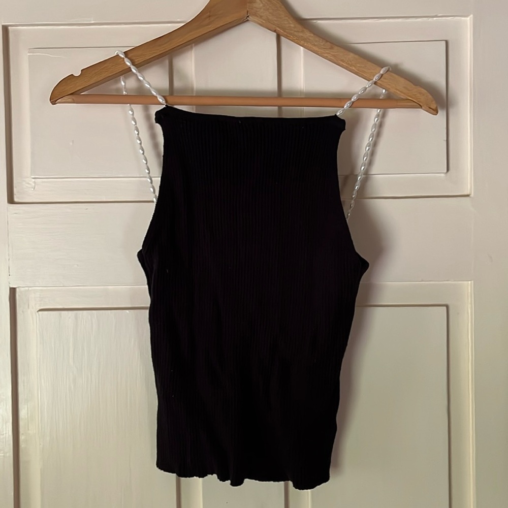 Black knit pearl strap top S